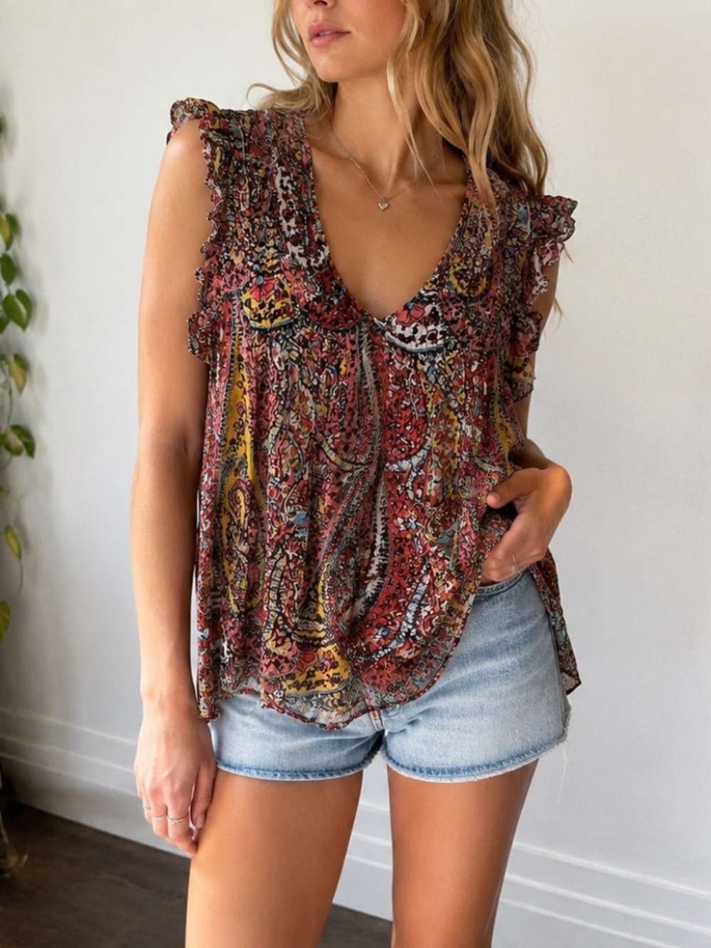 Joie 100% Silk Paisley Ruffle Sleeve Blouse Pink Boho Medium